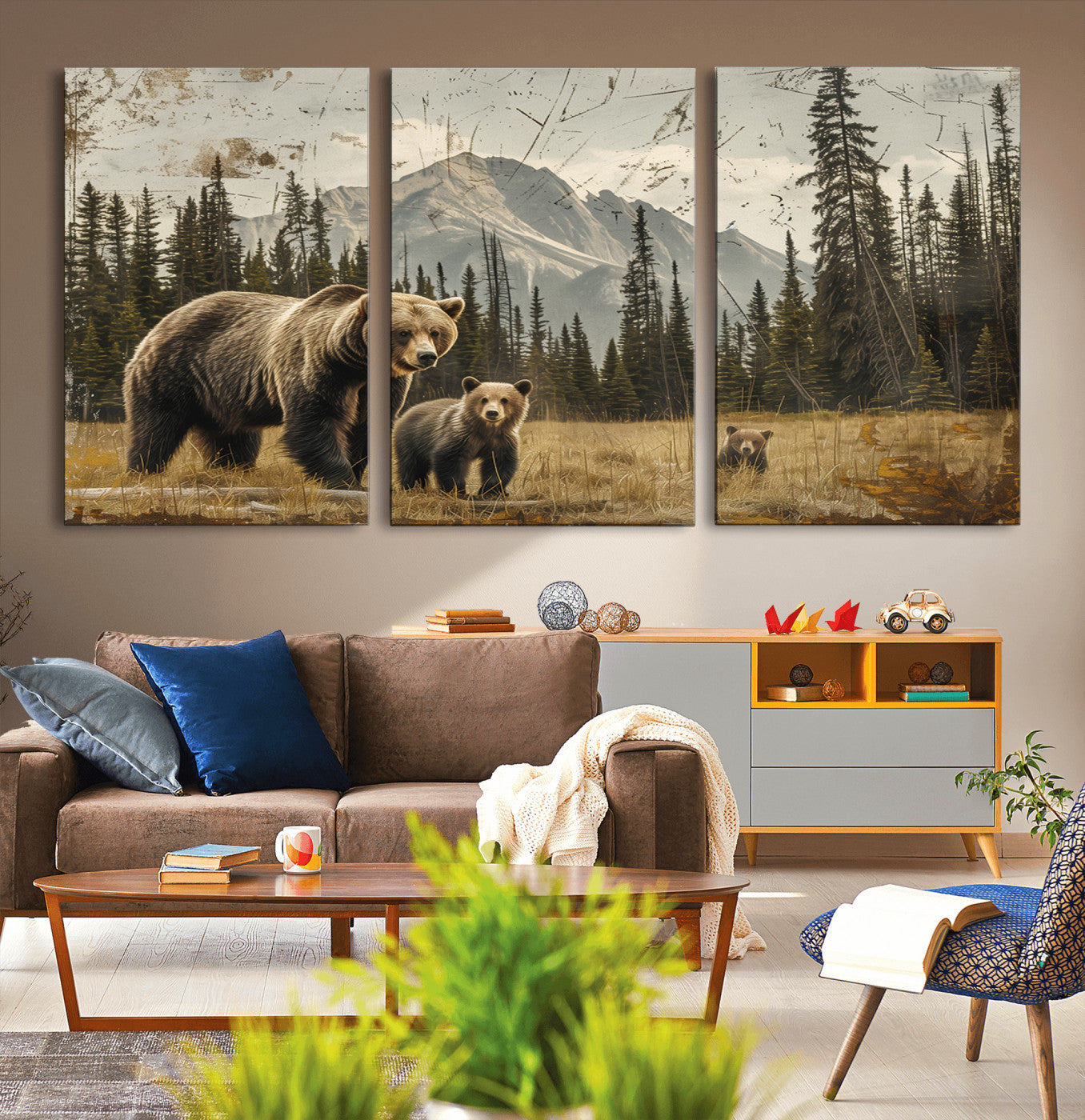 MGV-CV-60X30-3P - Rustic Grizzly 399 Bear Family Wall Art Canvas Print