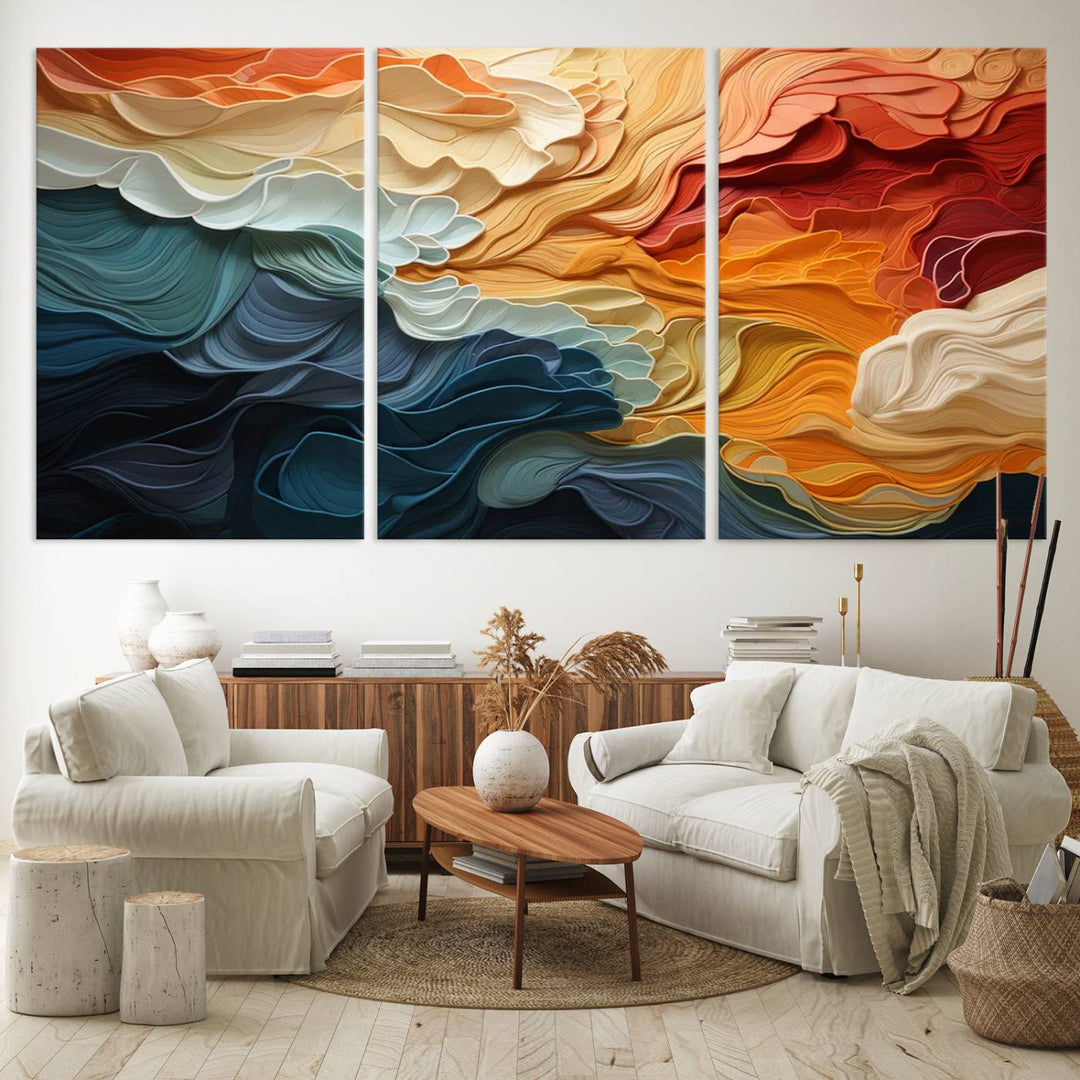 A Blue Orange Abstract Wave Wall Art Canvas Print adorns the wall. This colorful masterpiece is professionally hand-assembled to enhance any space.