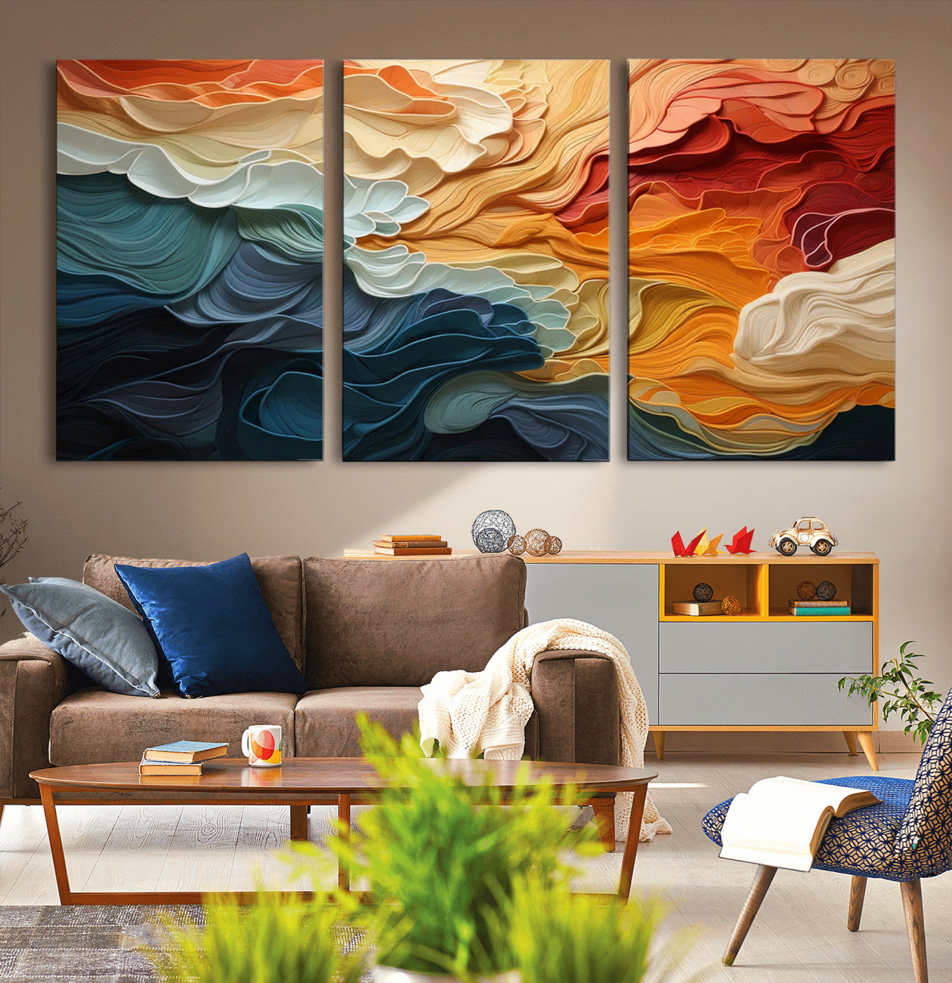 MGV-CV-60X30-3P - Blue Orange Abstract Wave Wall Art Canvas Print, Framed Blue Orange Wave Wall Art
