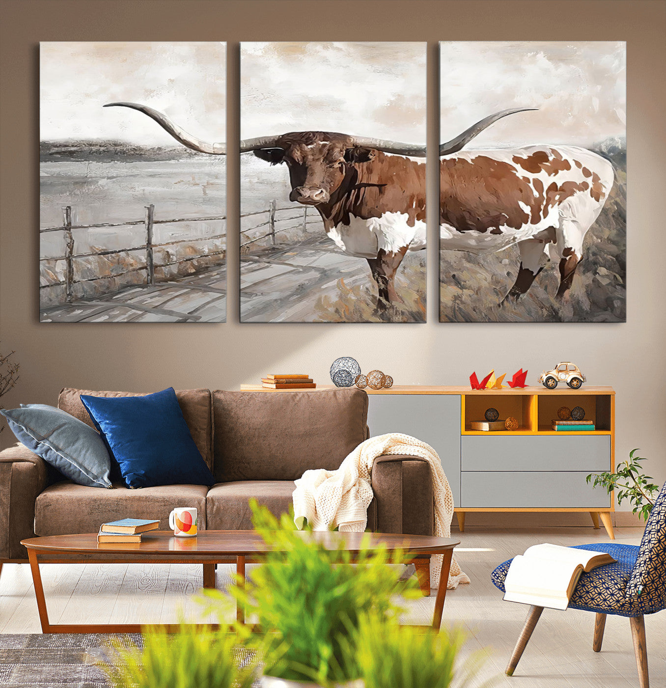 57340-MGV-CV-36X24-Vintage Texas Cow Wall Art Canvas Print, Rustic Longhorn Wall Art | Canvas Print for Farmhouse Decor