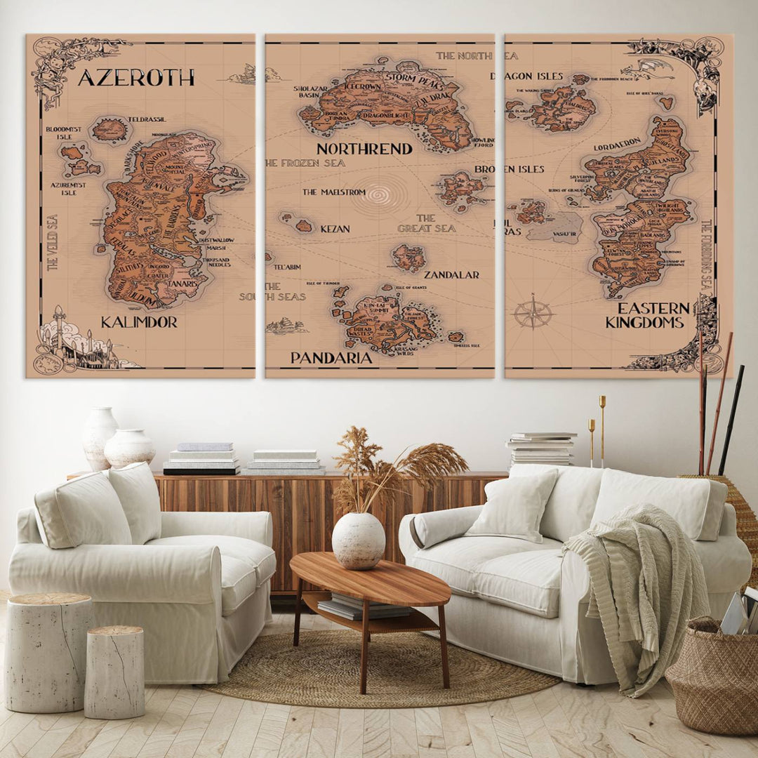 The Vintage Azeroth World Map Canvas Print, a stunning three-piece set, enhances the space with its vintage charm, perfectly complementing your gaming decor.