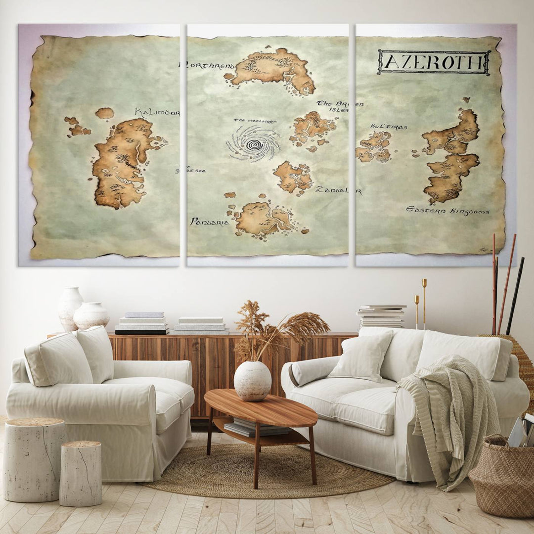 The Azeroth World Map Wall Art Canvas Print, a three-panel vintage piece, brings a cozy fantasy gaming atmosphere to the room.