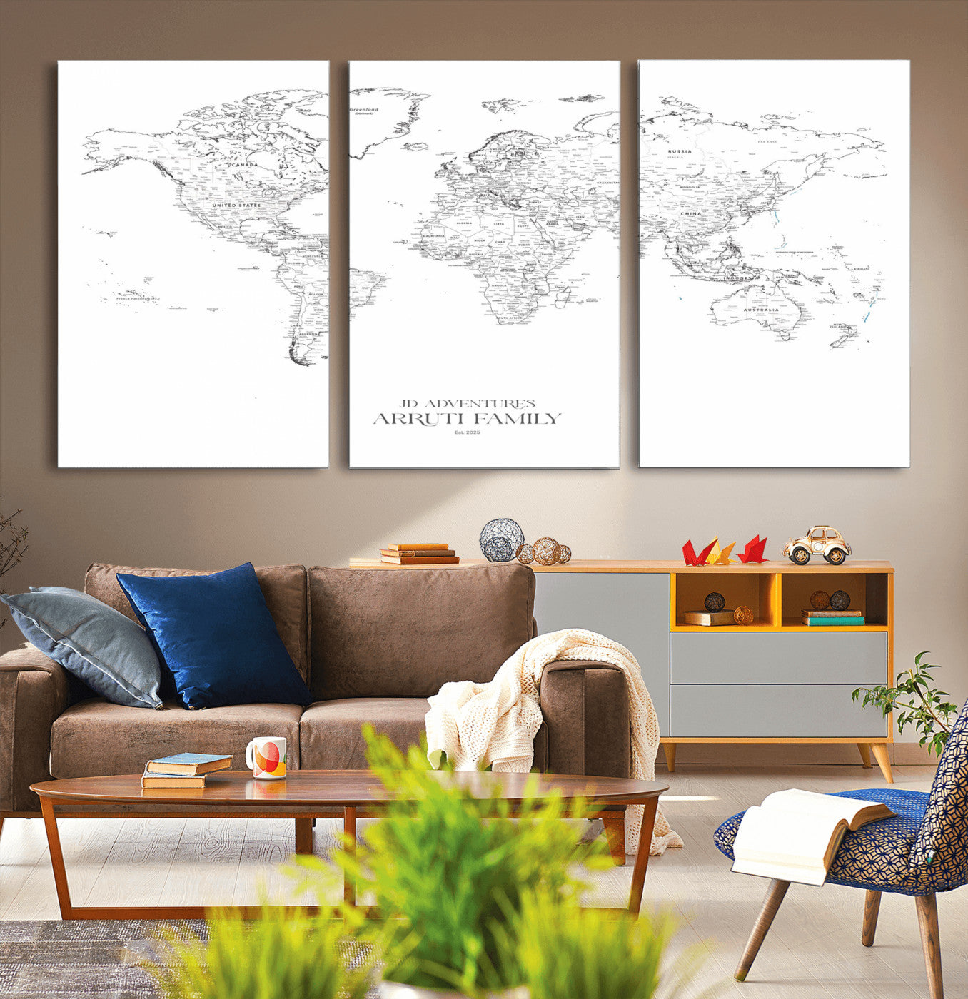 MGV-CV-60X30-3P - Custom World Map Wall Art – Personalized Framed Canvas Print with Push Pins for Travel Tracking,