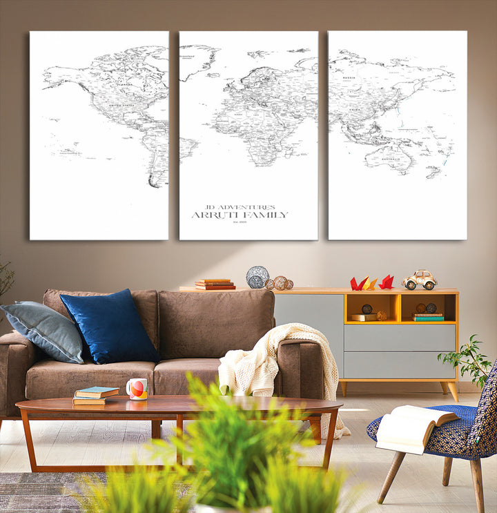 Personalized World Map Wall Art Canvas Print - Custom Push Pin Travel Map Canvas - Framed Map Print for Travel Lover Gift