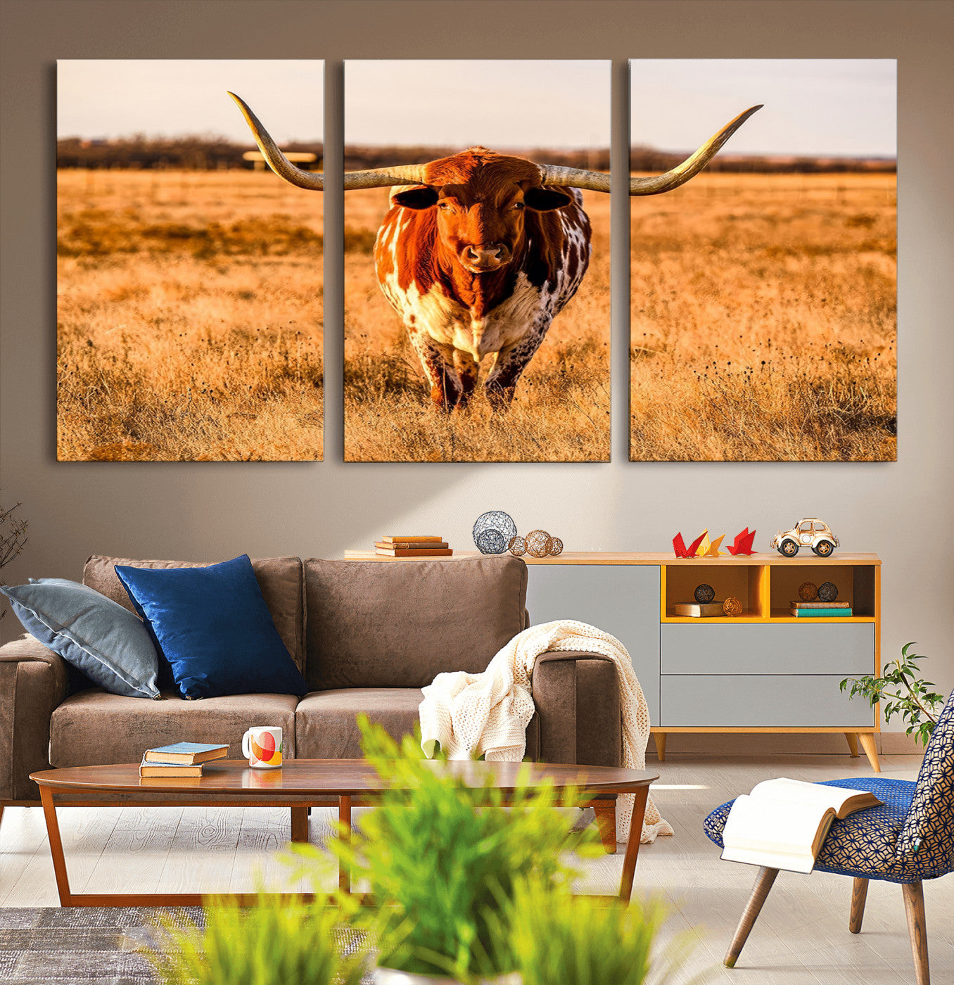 MGV-CV-60X30-3P - Longhorn Cow Wall Art | Ready to Hang Framed Canvas Print for Farmhouse and Barn Decor