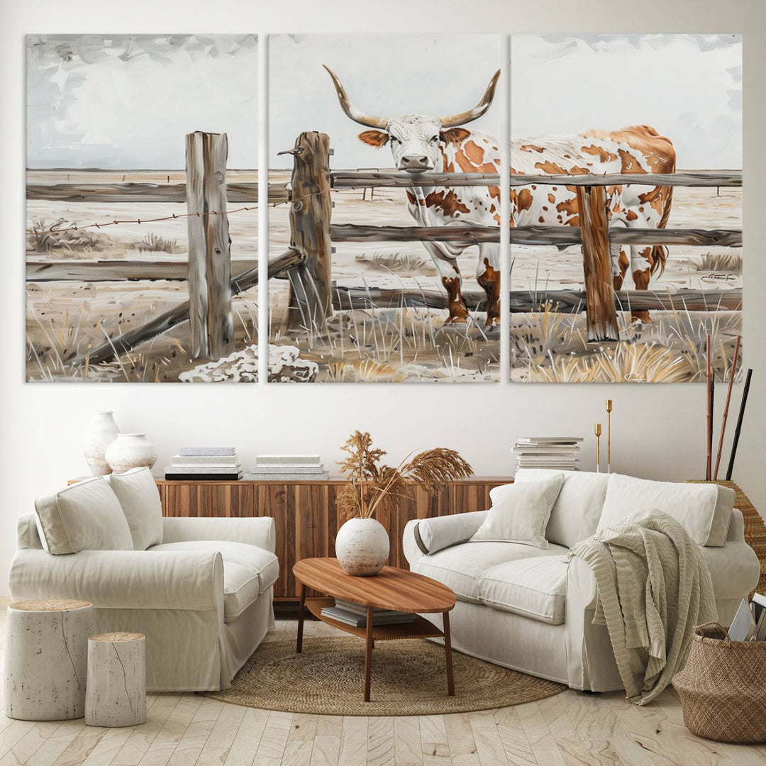 The Abstract Longhorn Cow Wall Art, a ready-to-hang framed canvas print, adds rustic charm and perfectly captures the essence of rural elegance.