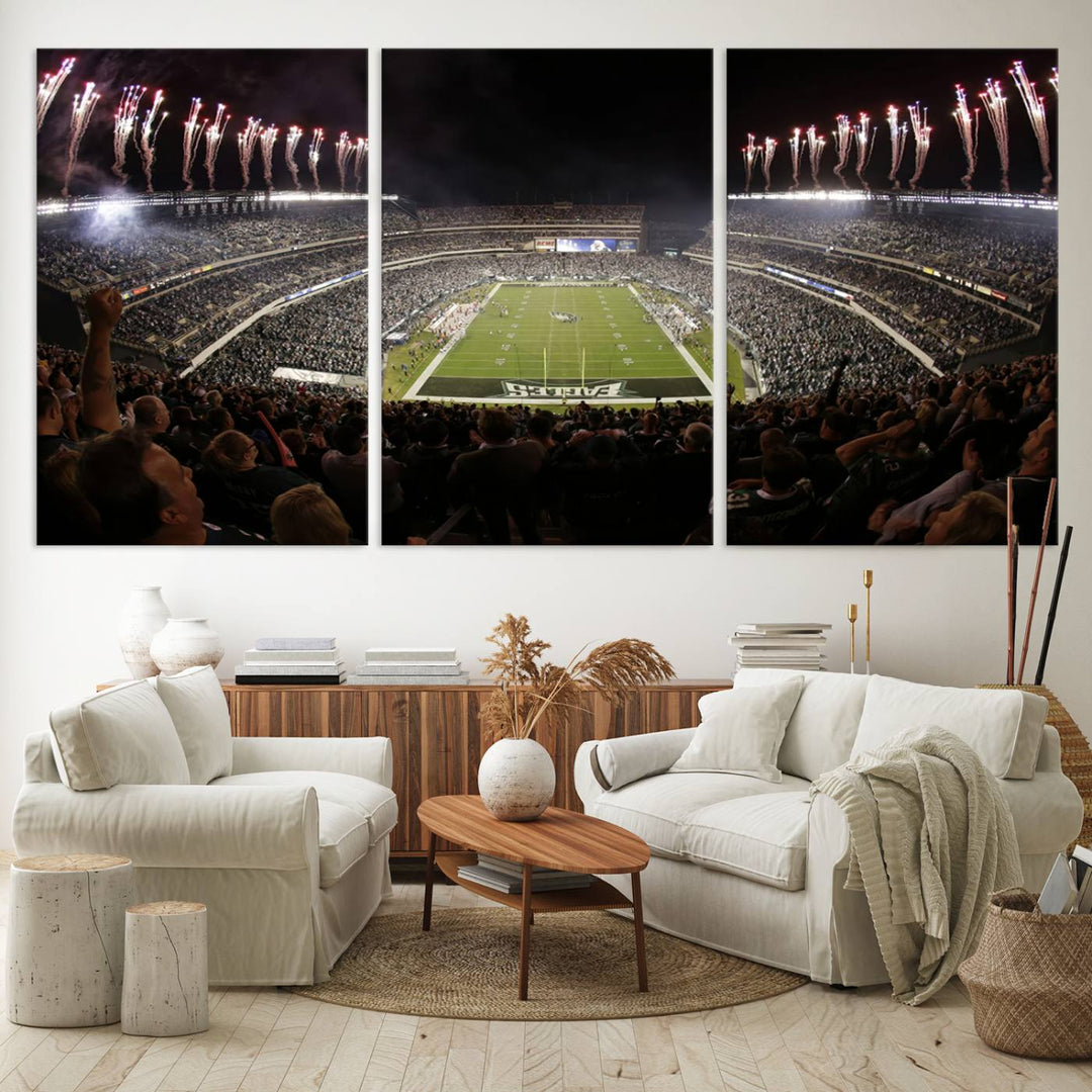 The living room features a spectacular Philadelphia Eagles Football Team Print. This wall art canvas print of Lincoln Financial Field at night captures a Philadelphia Eagles game under the dazzling brilliance of fireworks, making it an eye-catching centerpiece.