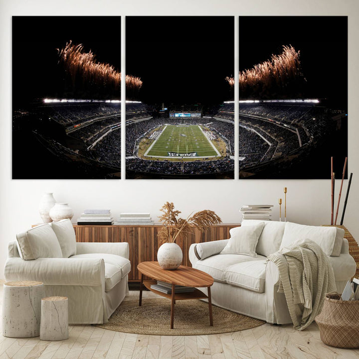 A stunning triptych wall art featuring the Philadelphia Eagles Football Team Print, capturing Lincoln Financial Field with spectacular fireworks.