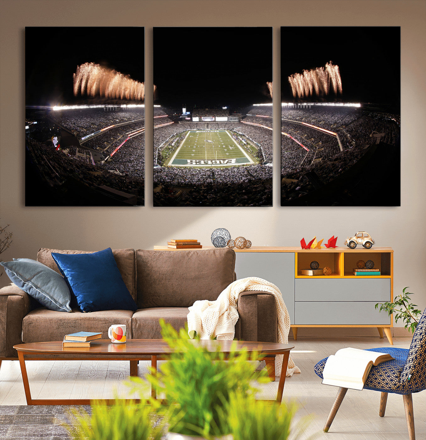 48893-MGV-CV-36X24-Eagles Field Stadium Wall Art - Lincoln Financial Field Fireworks Game Triple Canvas Wall Art -