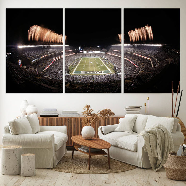 Experience the breathtaking Lincoln Financial Field Fireworks Game captured in this triple canvas wall art. A must-have for any Philadelphia Eagles fan!