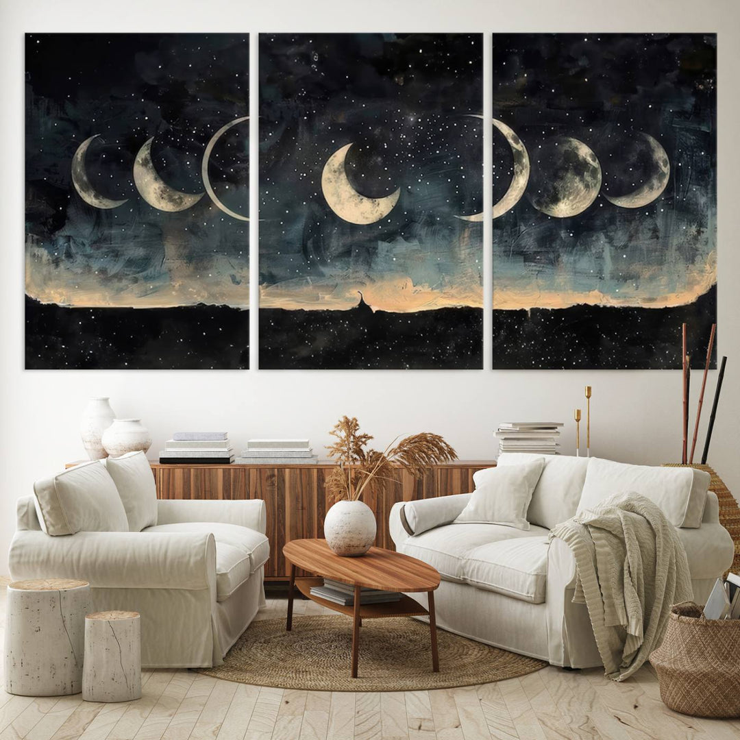 The "Phases of the Moon Wall Art," a framed canvas series capturing the celestial beauty of lunar cycles against a starry night, adds an elegant touch to the contemporary dining room.