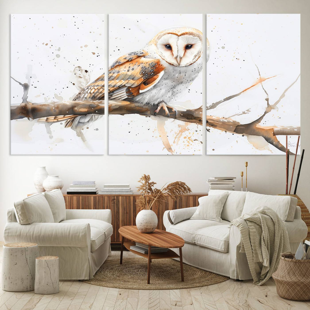 Introduce the tranquility of nature into your home with this stunning canvas print, featuring a Barn Owl on a branch. This triptych wall art, ready to hang and elegantly framed, is perfect for nature lovers seeking serene decor pieces.