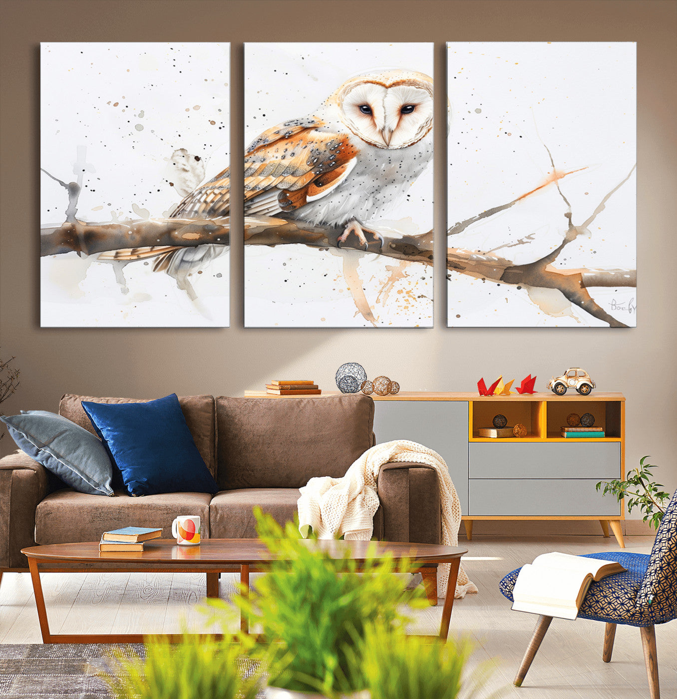 MGV-CV-60X30-3P - Barn Owl Wall Art on Branch | Stunning Canvas Print for Nature Lovers | Ready to Hang and Framed