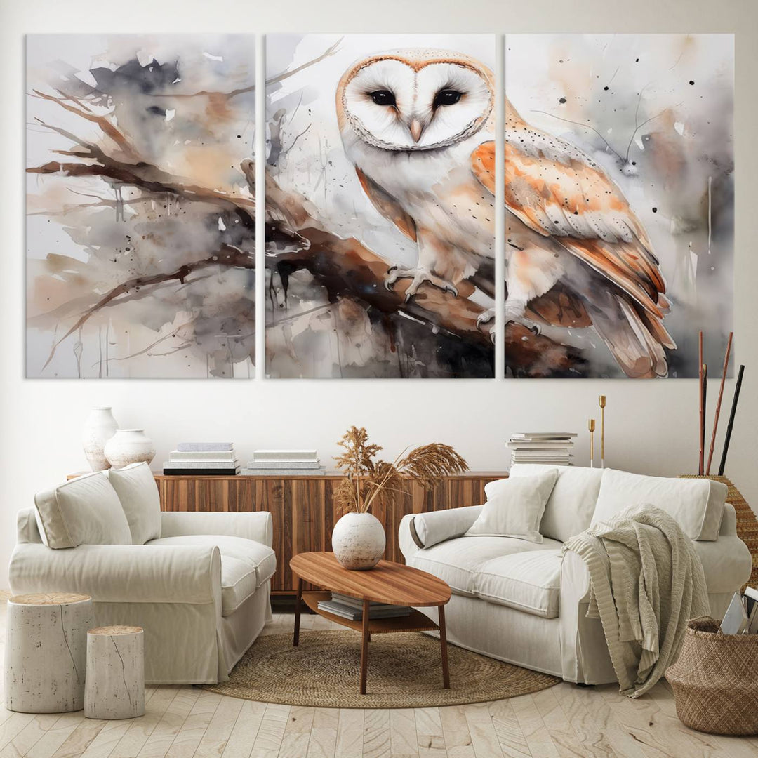 The Barn Owl Wall Art watercolor canvas adds a rustic twist to farmhouse decor.