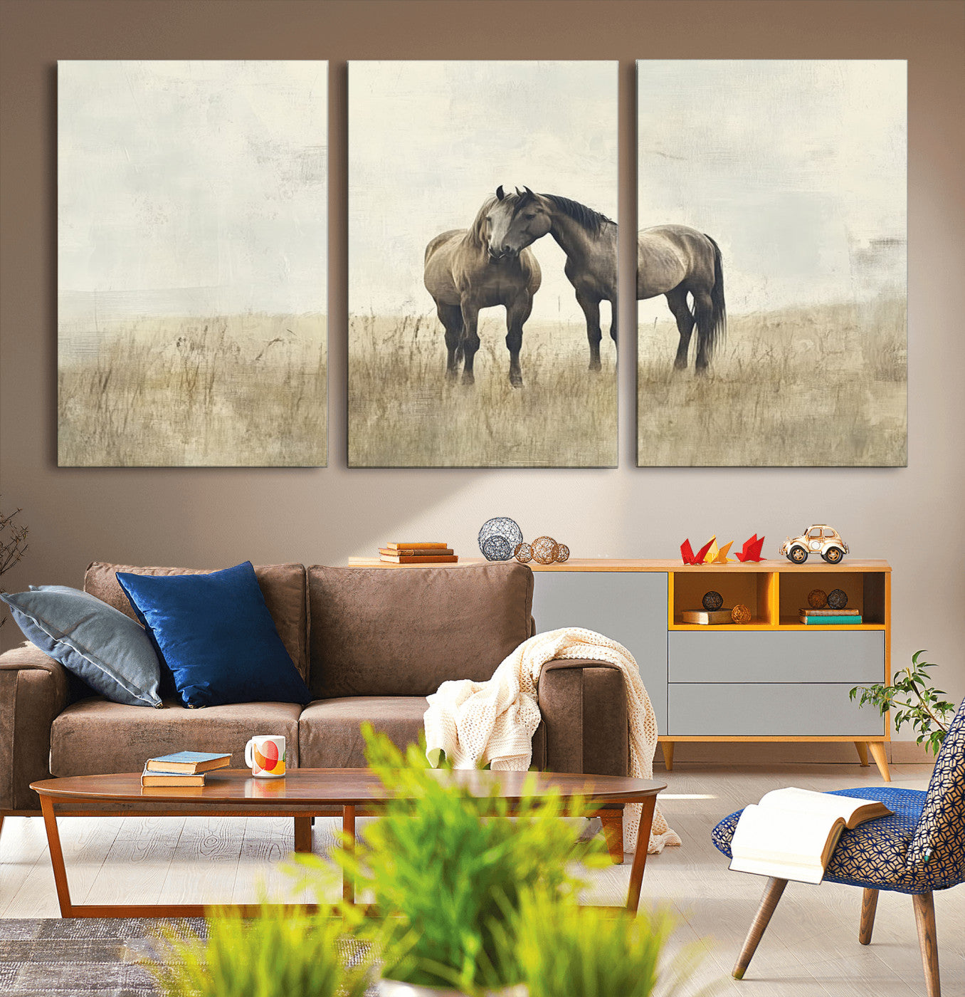 48781-MGV-CV-36X24-Chines Style Grunge Horses Wall Art Canvas Print