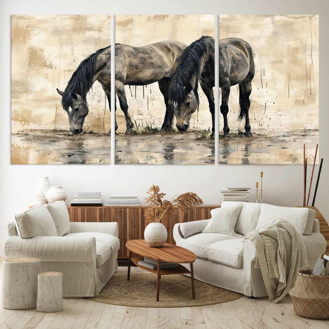 Chines Ink Style Black Horses Wall Art Canvas Print features a triptych painting of two horses drinking at the water's edge.