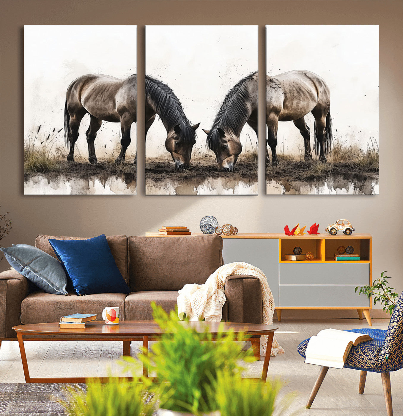 71729-MGV-CV-60X40-3P-Chines Ink Style Horses Wall Art Canvas Print
