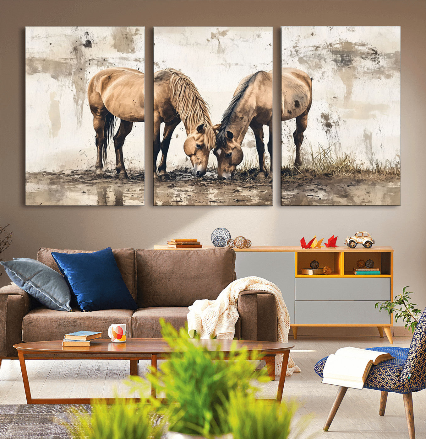 44742-MGV-CV-36X24-Vintage Horses Wall Art | Ready to Hang and Framed Triptych | Western Farmhouse Wall Decor for