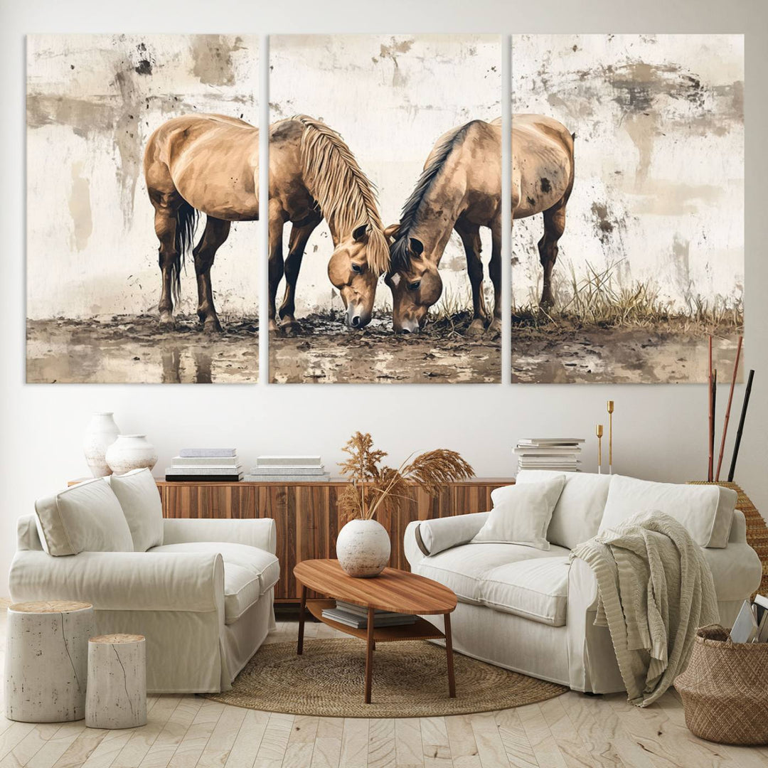 The Vintage Horses Wall Art, a ready-to-hang and framed triptych, beautifully captures two horses gracefully grazing. It perfectly complements the rustic charm of western farmhouse wall decor.