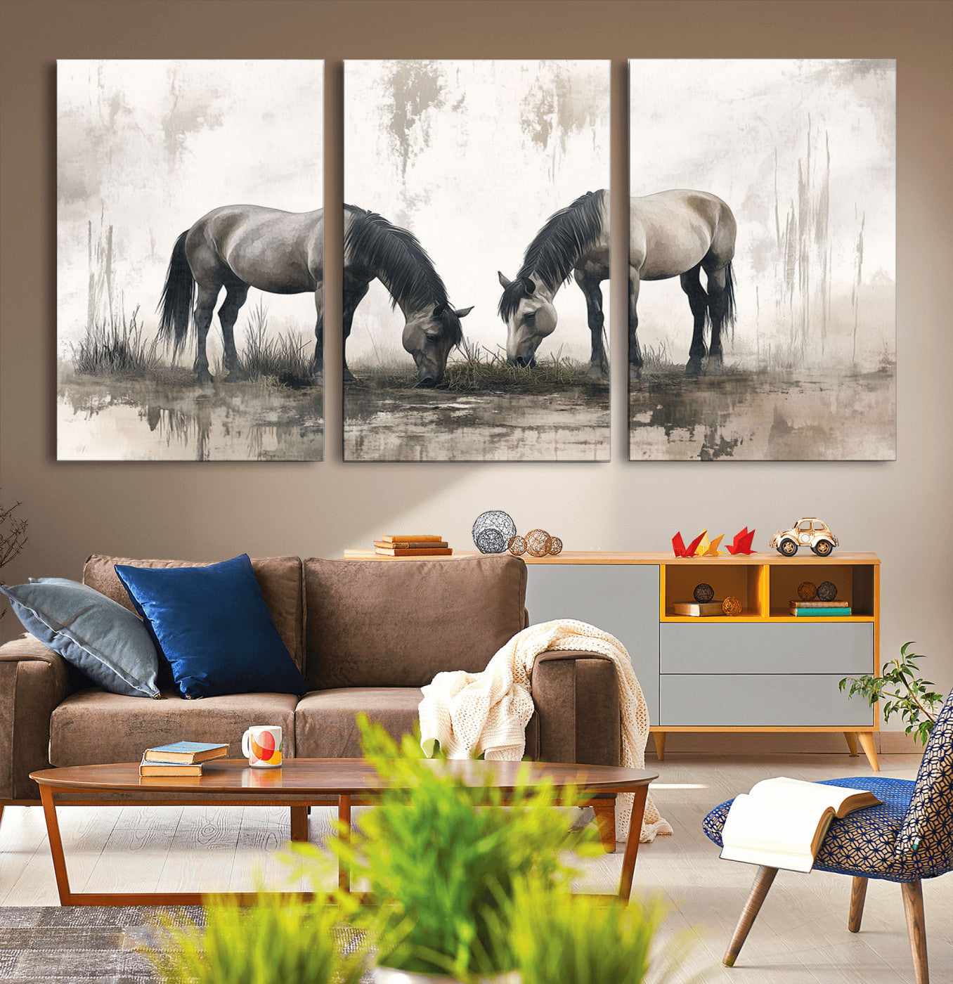 35494-MGV-CV-36X24-Chines Ink Style Vintage Horses Wall Art Canvas Print for Farmhouse Wall Decor