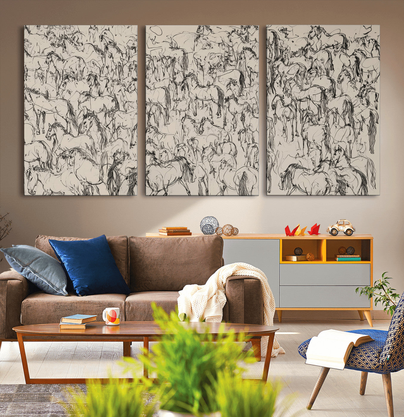 MGV-CV-60X30-3P - Abstract Horse Sketch Wall Art | Ready to Hang and Framed | Farmhouse Wall Decor for Living Room or