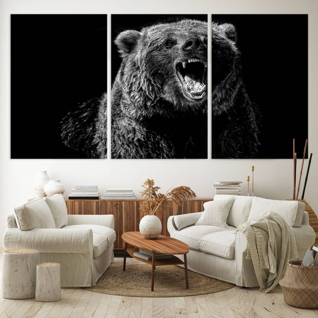 A striking Bear Canvas Print, perfect for cabin decor and ready to hang, is displayed in the modern living room, adding a touch of wildlife art to the sleek design.