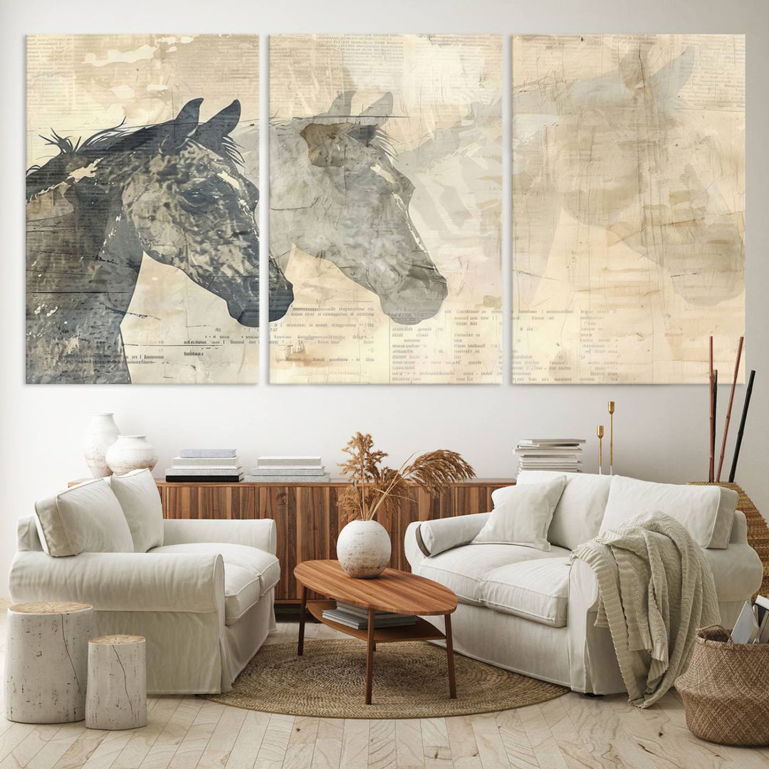 The Abstract Horse Canvas Print, part of the Modern Farmhouse Wall Art collection and ready to hang with its framed design, enhances the decor when displayed as a three-panel set on a dark wall.