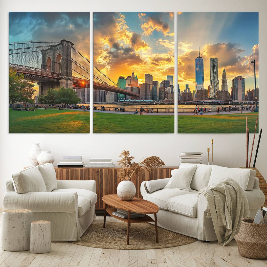 The "Brooklyn Bridge New York Skyline Wall Art" is a ready-to-hang framed canvas print that beautifully captures the cityscape at sunset, showcasing the iconic Brooklyn Bridge and majestic skyscrapers.