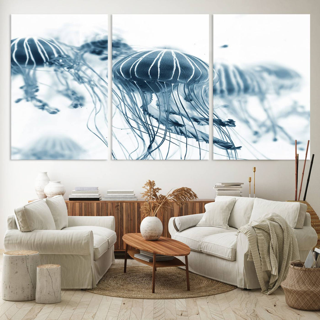 The Abstract Jellyfish Wall Art Canvas Print, a three-panel piece featuring high-resolution printing, hangs elegantly in the room, adding vibrant detail to the space.