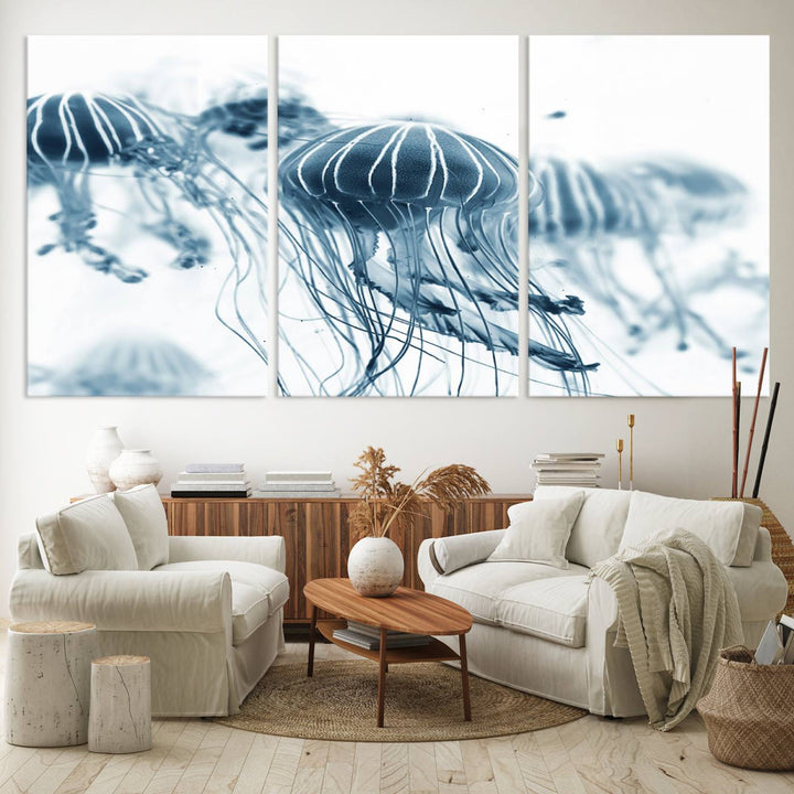 The Abstract Jellyfish Wall Art Canvas Print, a three-panel piece featuring high-resolution printing, hangs elegantly in the room, adding vibrant detail to the space.