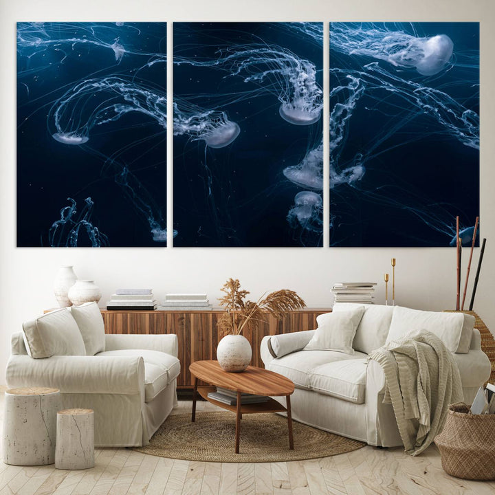 Room with modern decor, featuring the Abstract Jellyfish in Ocean Wall Art Canvas Print on museum-quality canvas.