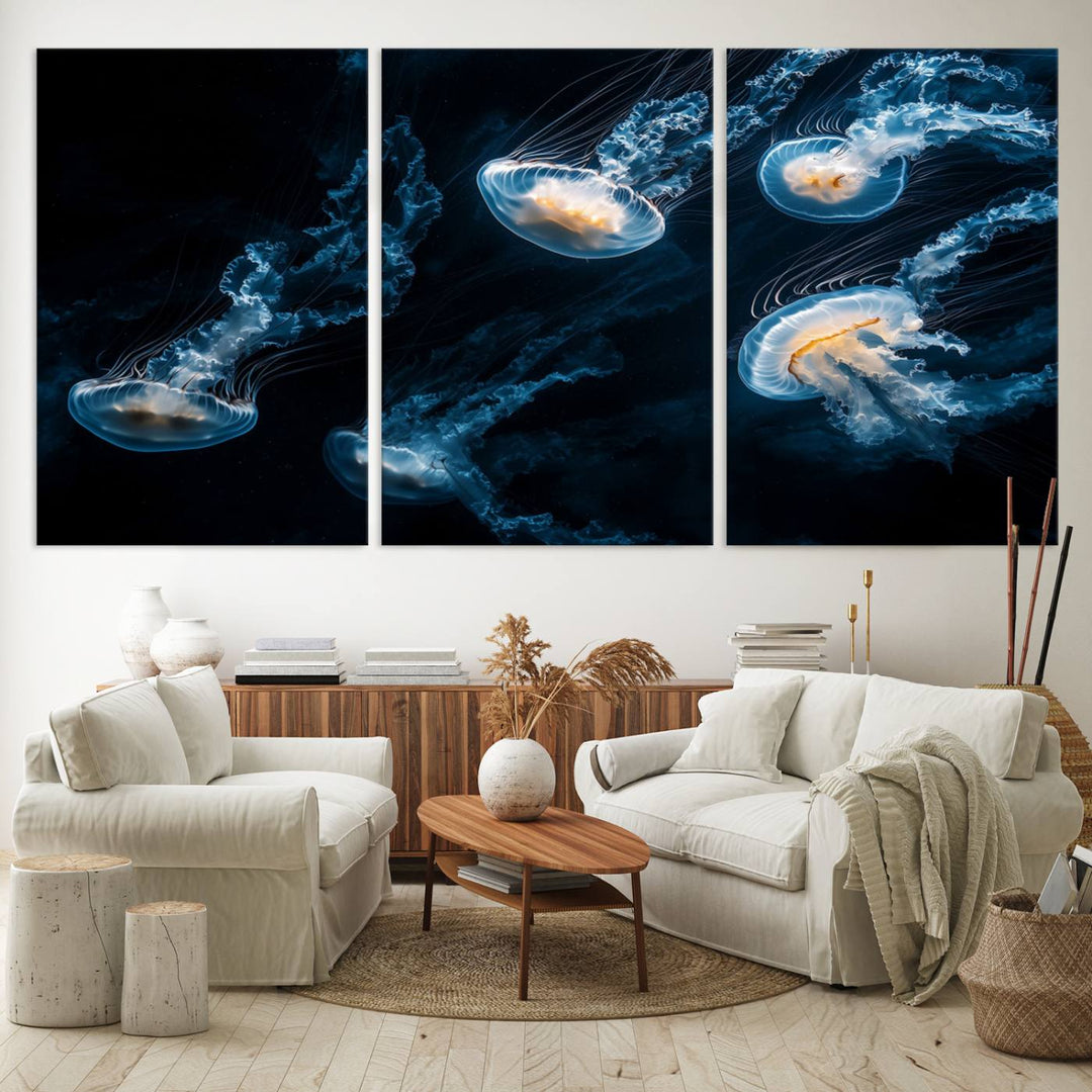 The "Jellyfish Wall Art Canvas Print," featuring a sea-themed design of glowing jellyfish, is displayed in high-resolution on museum-quality canvas.