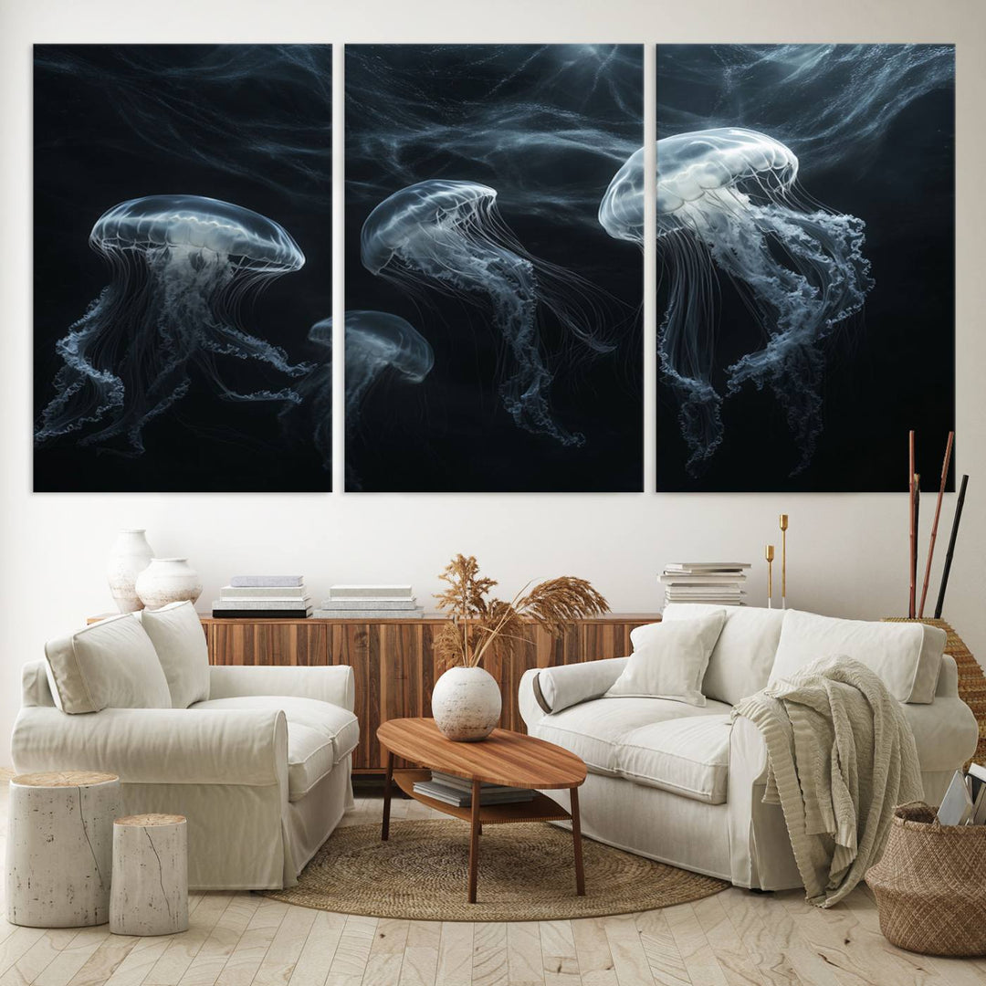 The Jellyfish Wall Art Canvas Print features glowing jellyfish in vibrant colors on museum-quality canvas.