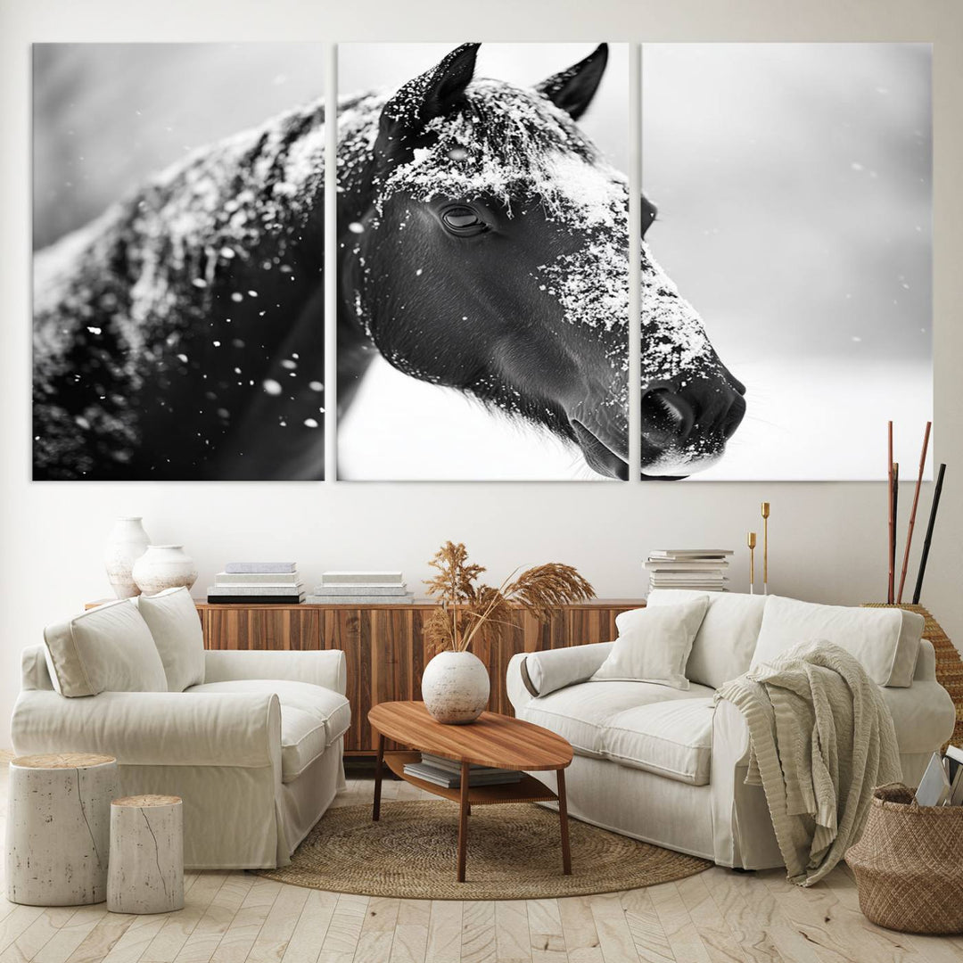 A set of Winter Horse Snow Wall Art Canvas Prints hangs, creating the perfect touch of Rustic Cabin Decor.