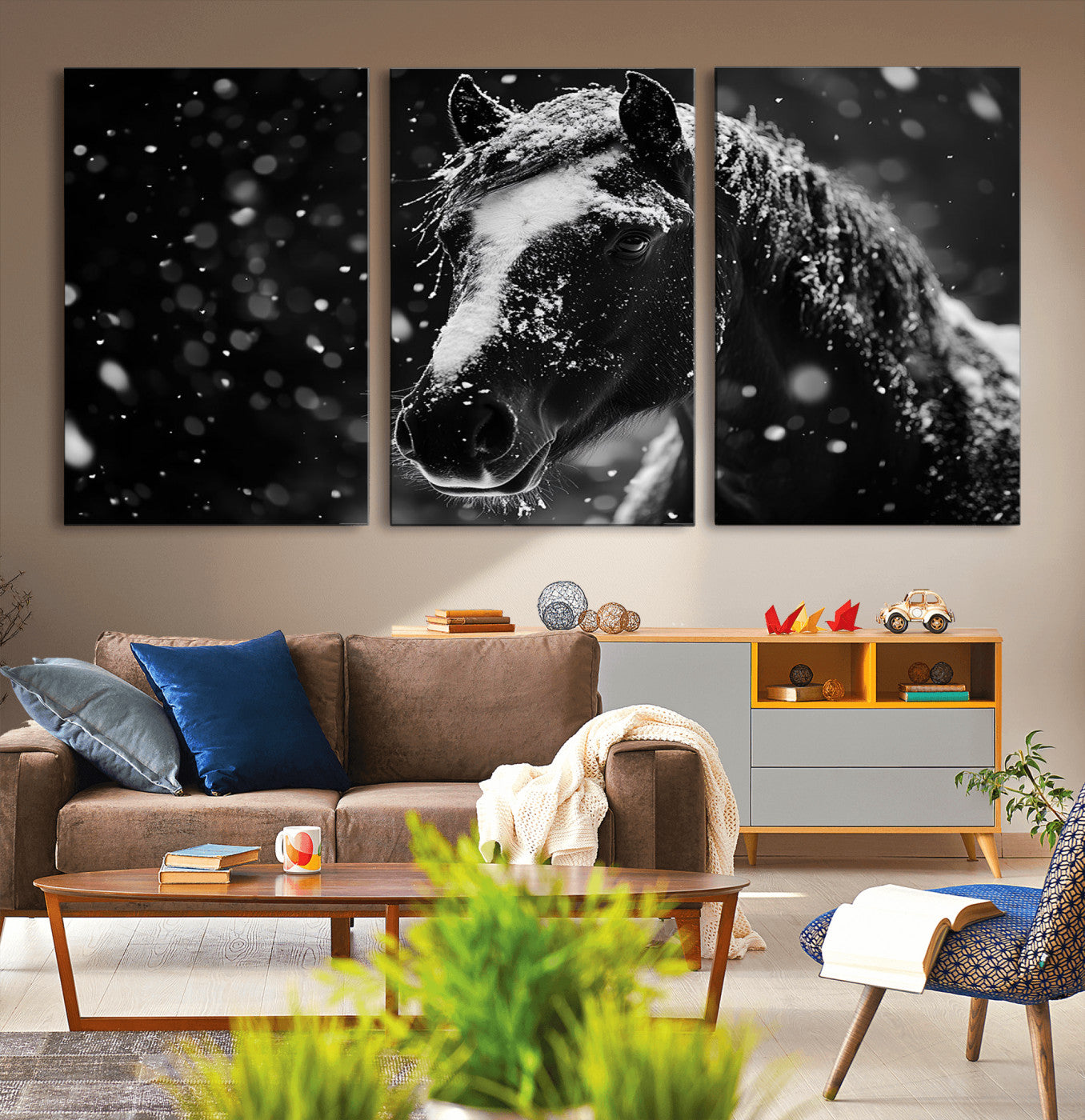 MGV-CV-60X30-3P - Winter Horse Wall Art | Black and White Horse Print | Ready to Hang and Framed | Farmhouse Wall Art