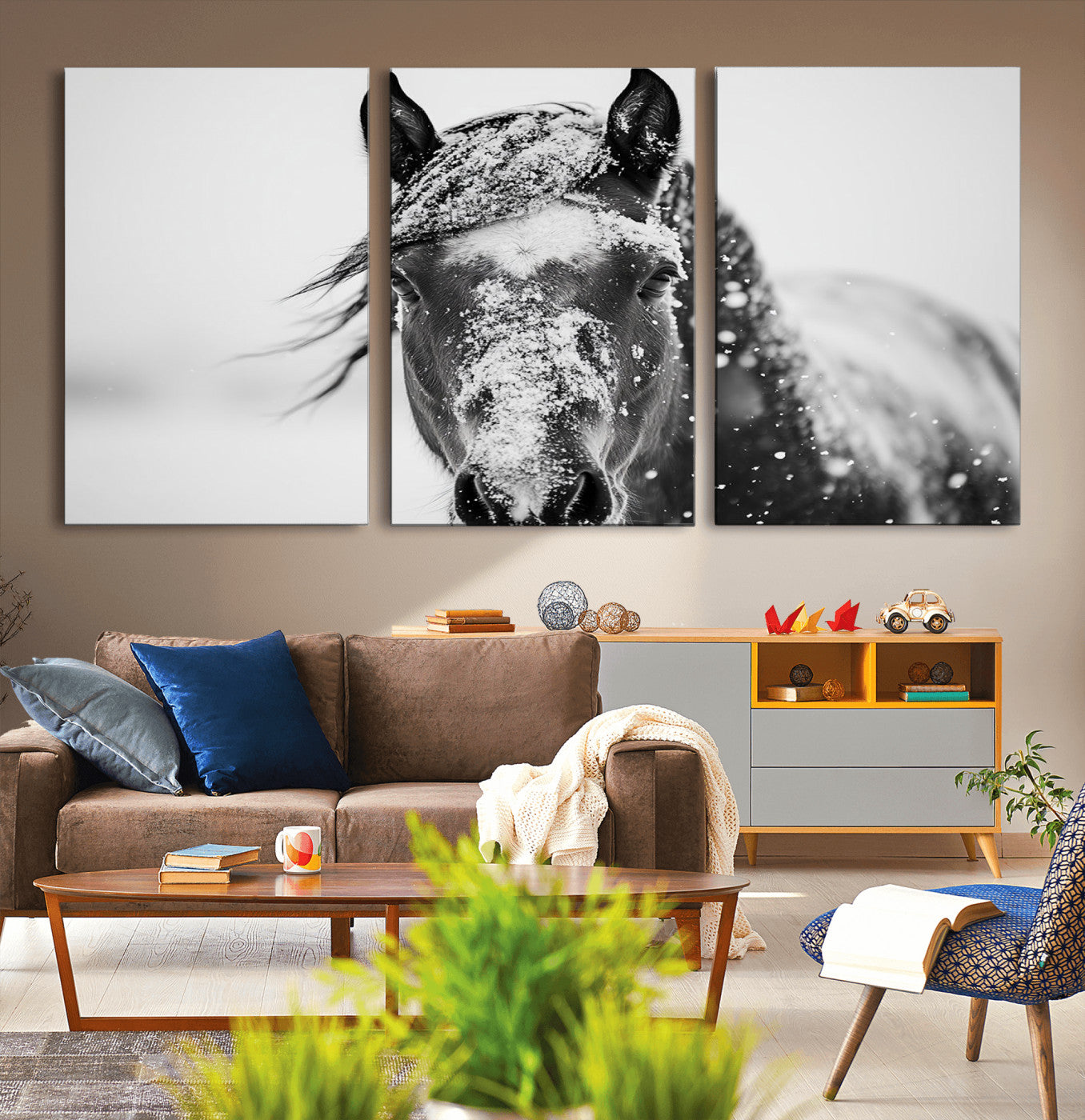 MGV-CV-60X30-3P - Western Wall Art | Black and White Winter Horse Wall Art | Ready to Hang and Framed | Farmhouse and