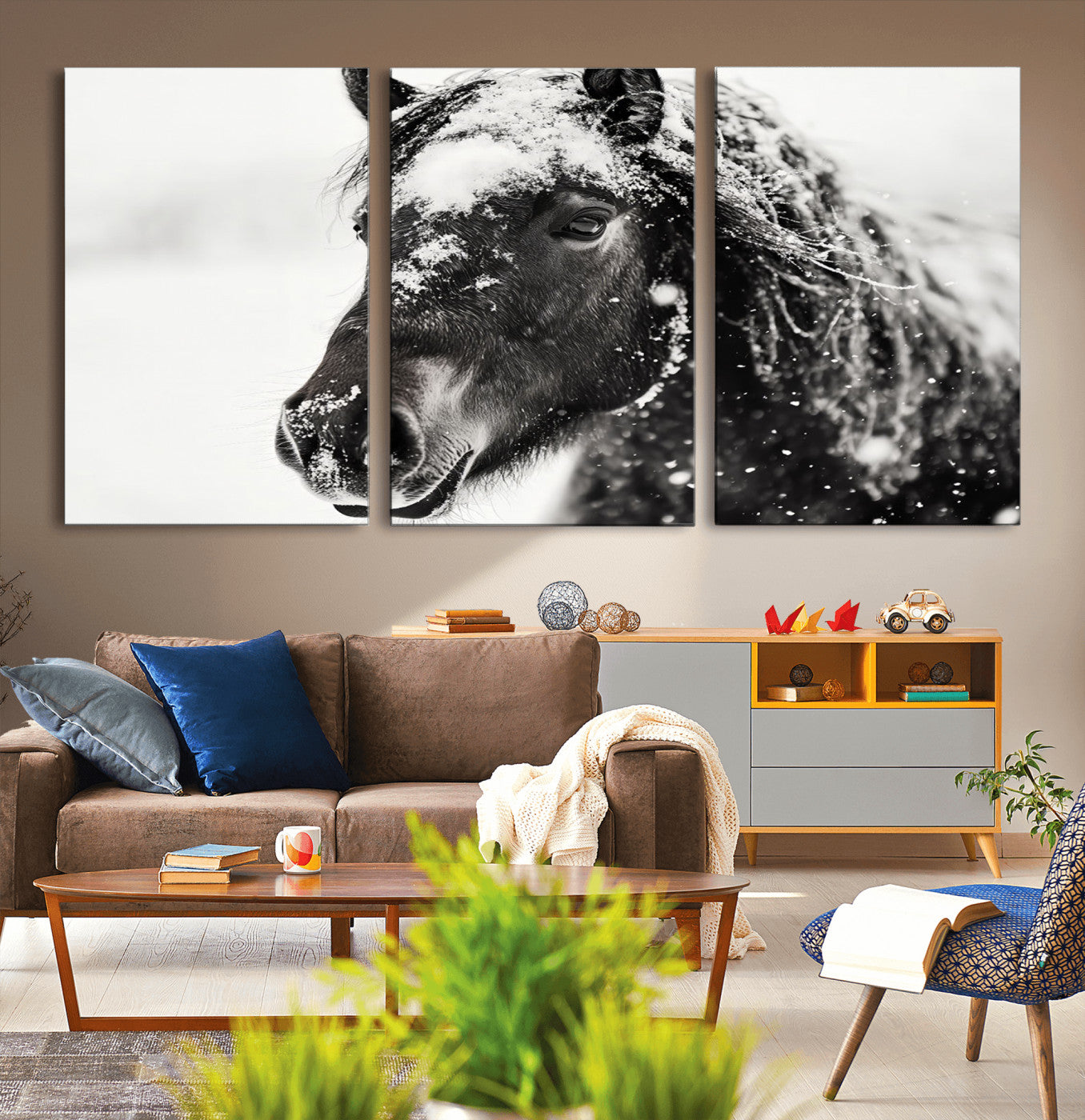 MGV-CV-60X30-3P - Framed Black and White Horse Wall Art | Ready to Hang and Framed | Farmhouse and Western Wall Decor