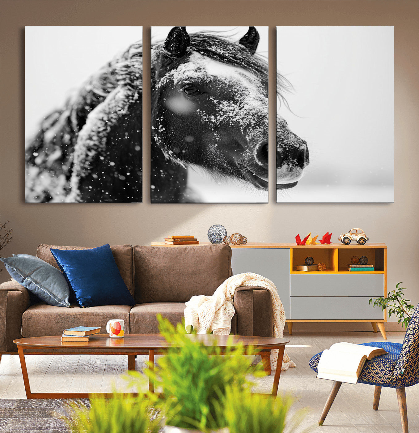 MGV-CV-60X30-3P - Winter Horse Canvas Print | Large 3-Panel Black White Equine Photography for Rustic Farmhouse Wall