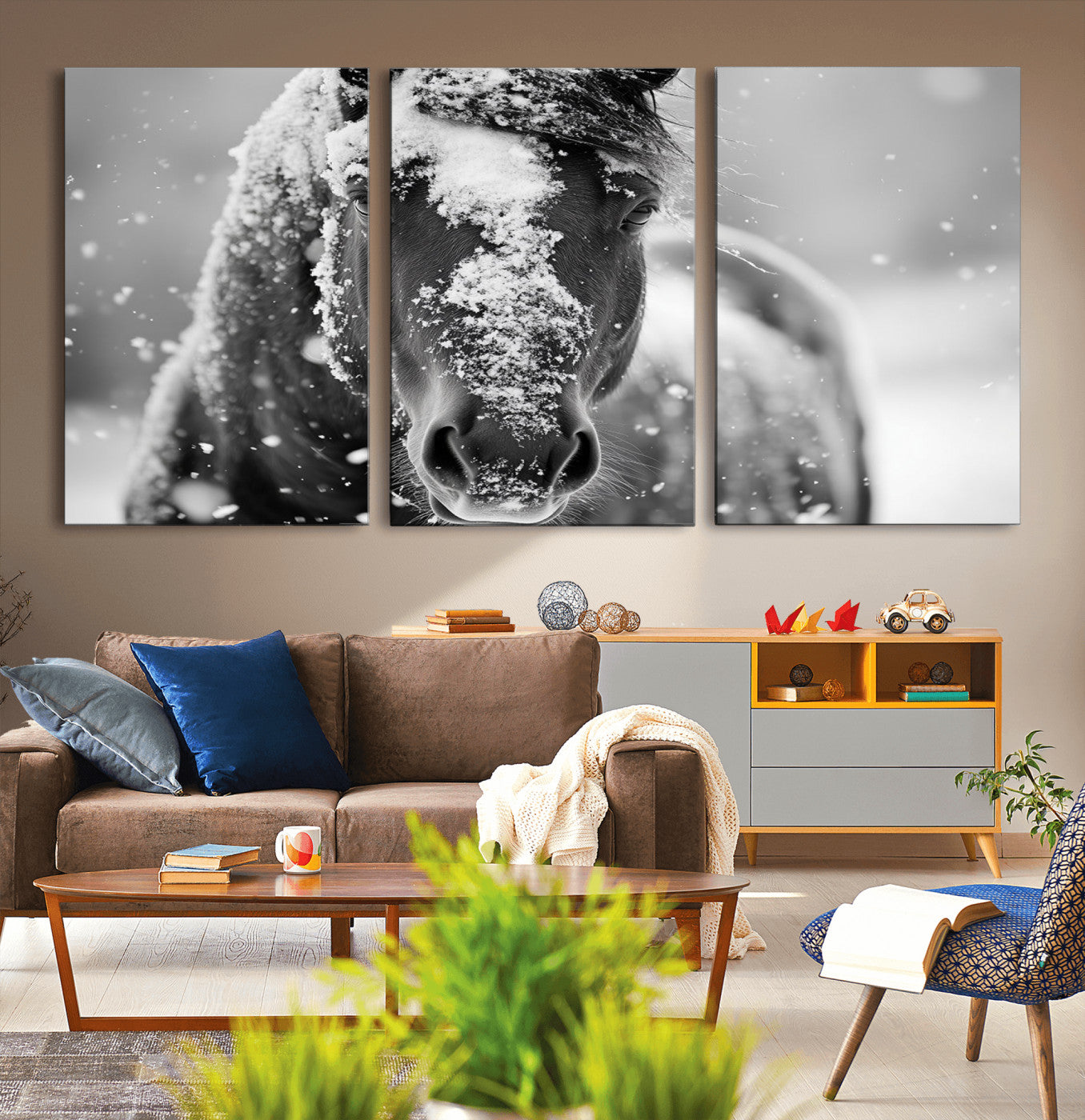 MGV-CV-60X30-3P - Black and White Horse Winter Wall Art | Ready to Hang and Framed | Farmhouse Wall Decor | Western