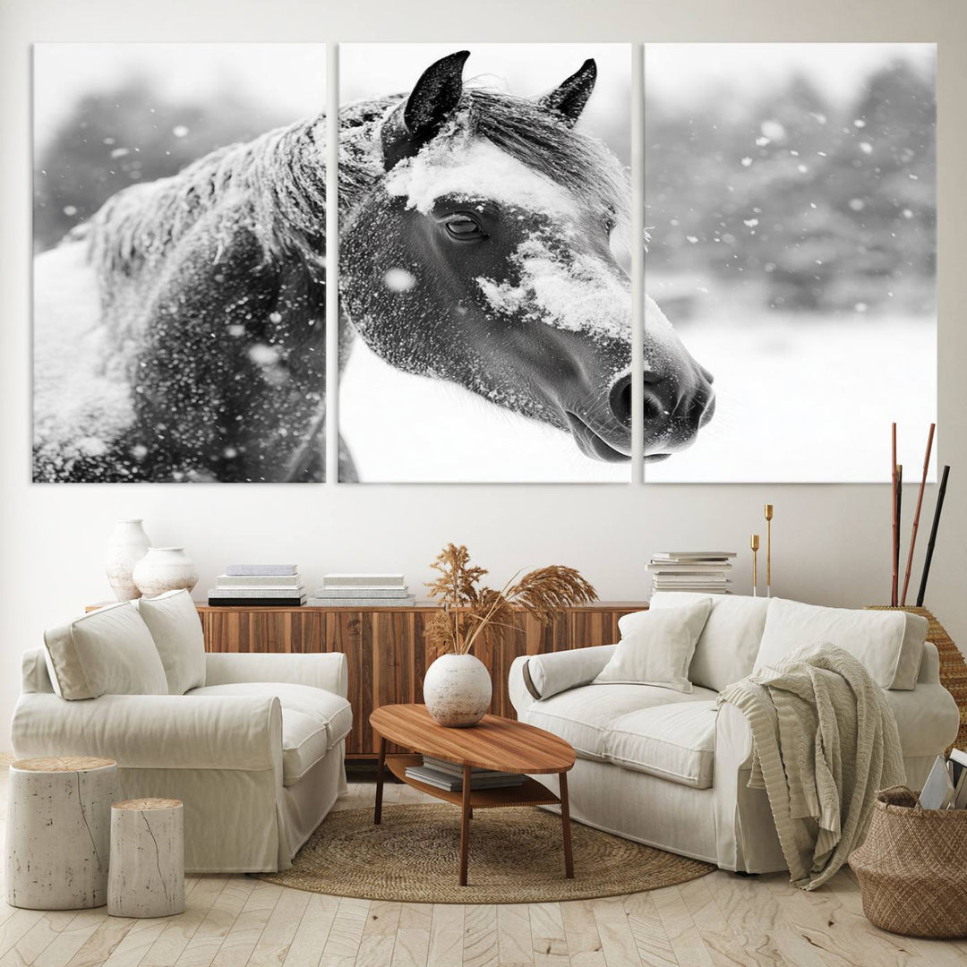 The Black Horse Winter Wall Art, framed and ready to hang, is beautifully displayed as farmhouse and western wall decor.