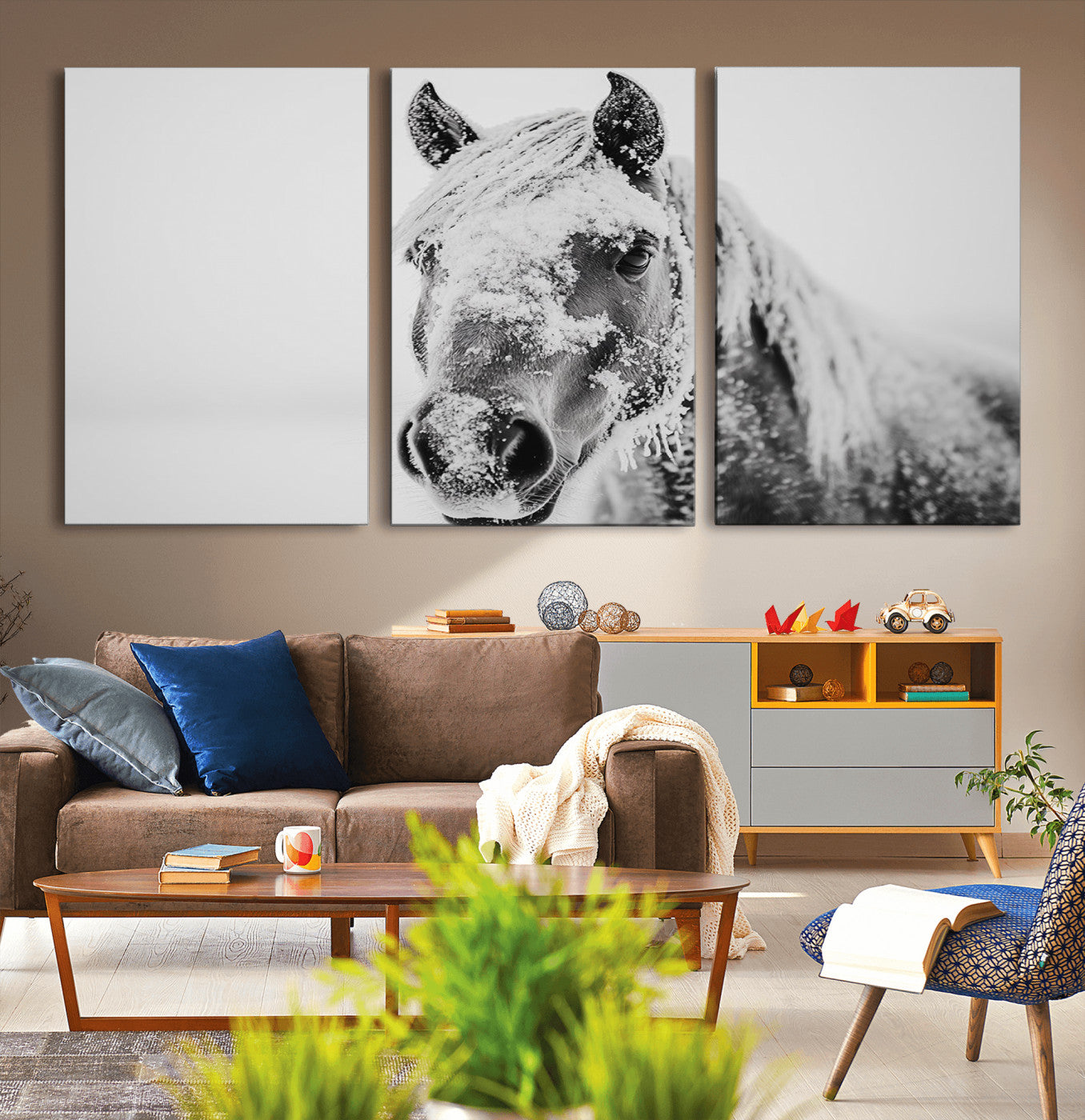 MGV-CV-60X30-3P - White Horse Wall Art | Ready to Hang and Framed | Winter Horse Wall Art Print for Farmhouse and