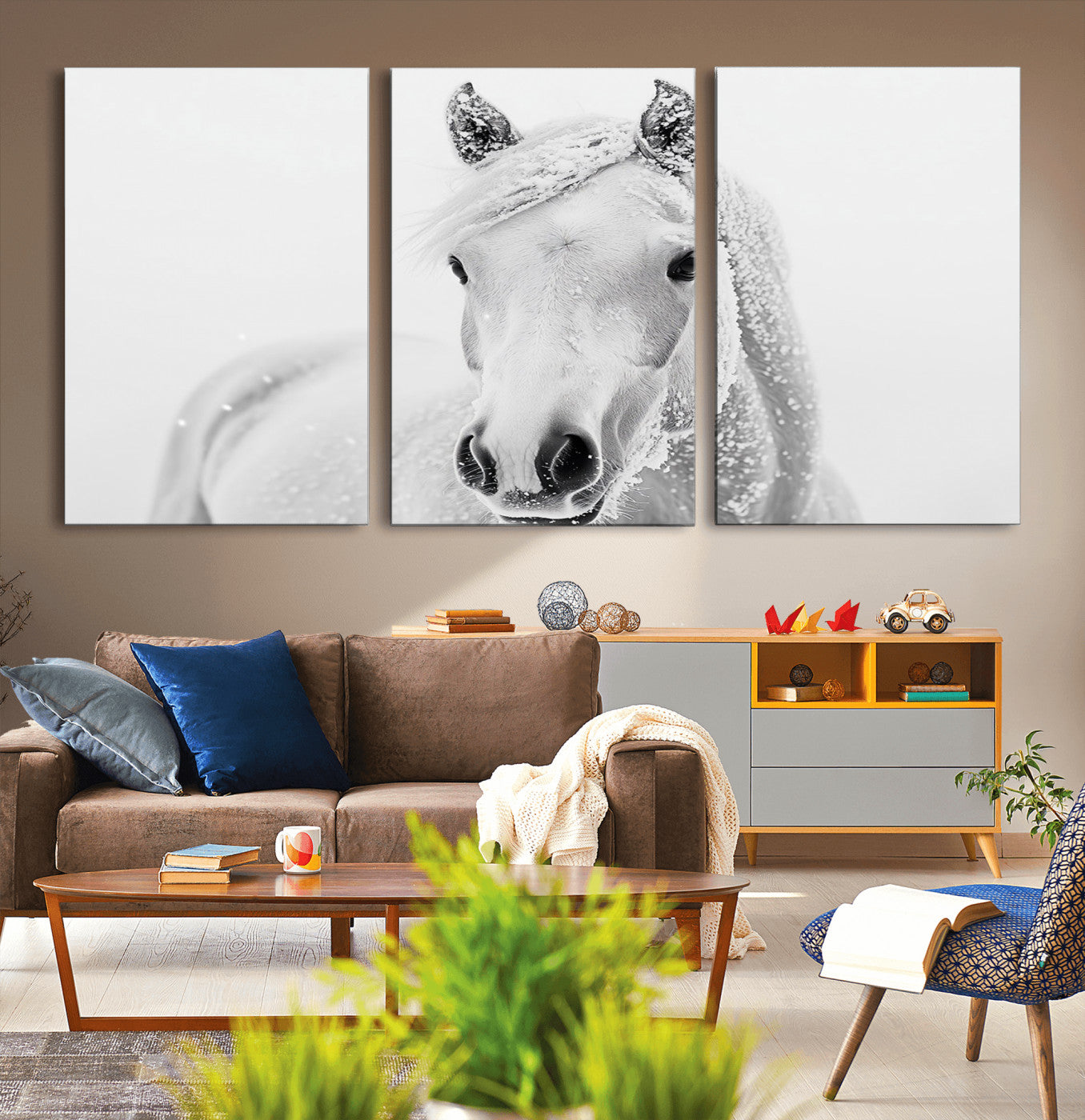 MGV-CV-60X30-3P - Majestic White Horse Wall Art | Ready to Hang and Framed | Farmhouse Wall Decor for Living Room