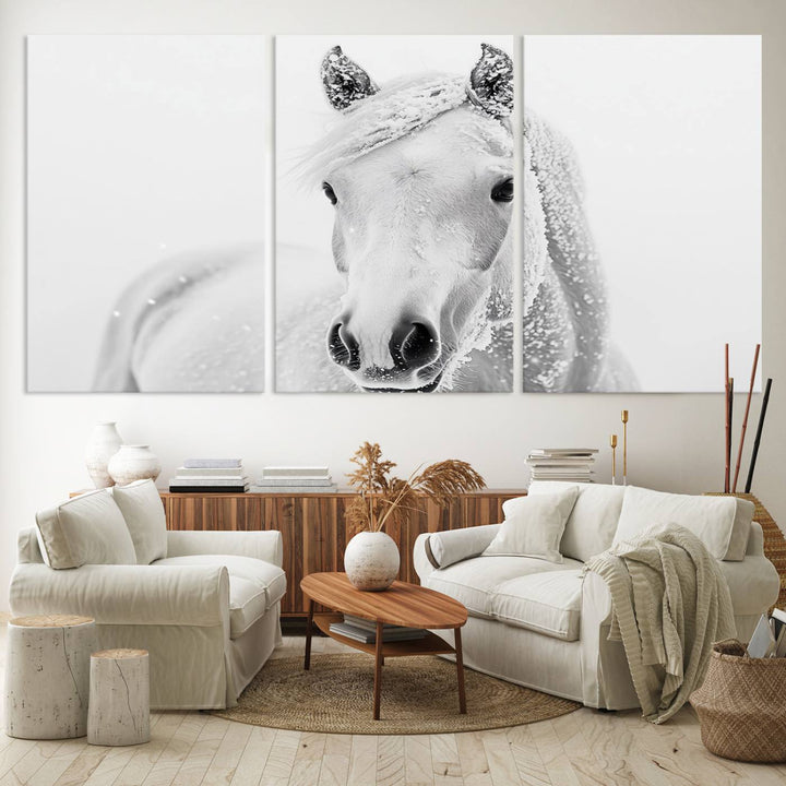 The dining room features the Majestic White Horse Wall Art, adding to its rustic charm.