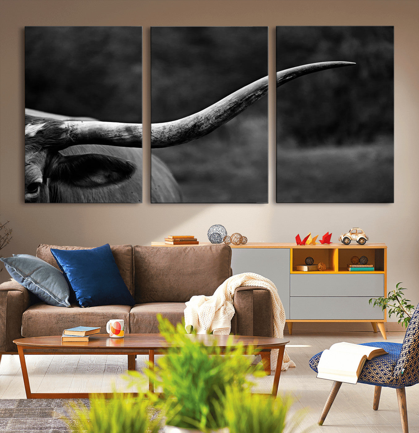 MGV-CV-60X30-3P - Cow Longhorn Wall Art | Black and White Print | Ready to Hang and Framed | Farmhouse Wall Decor |