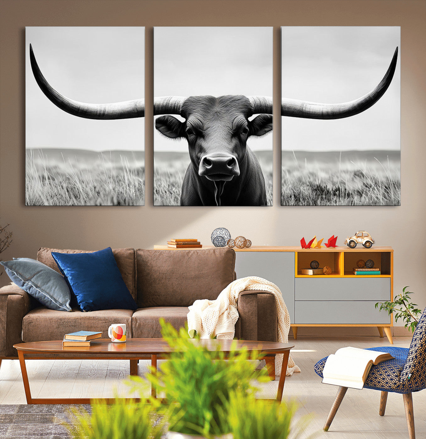 -Longhorn Bull Canvas Print | Rustic Farmhouse Wall Art | Western Decor | Ready to Hang and Framed