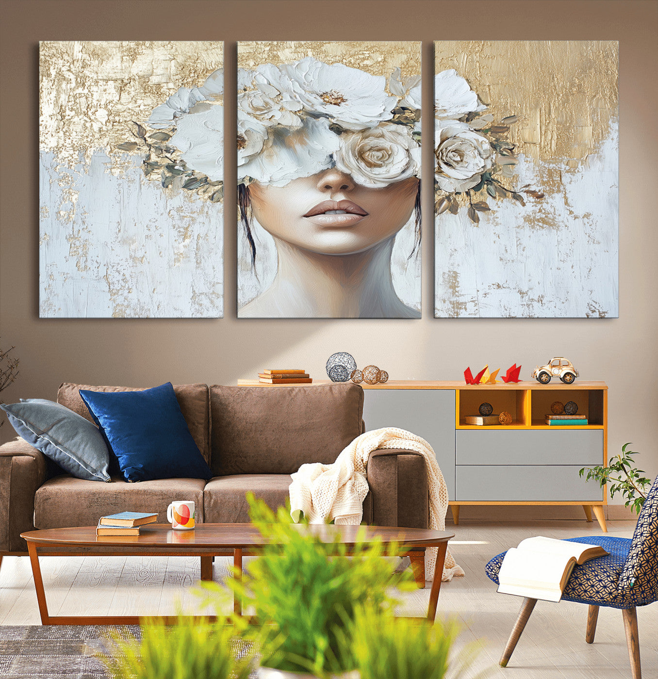 MGV-CV-60X30-3P - Golden Petal Wall Art - Canvas Print Flower Head Woman Painting Floral Woman Portrait Wall Decor,
