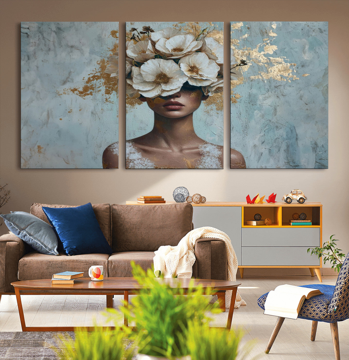 MGV-CV-60X30-3P - Golden Petal Wall Art - Petal Silhouette Woman Wall Art Canvas Print | Large 3-Panel Canvas with