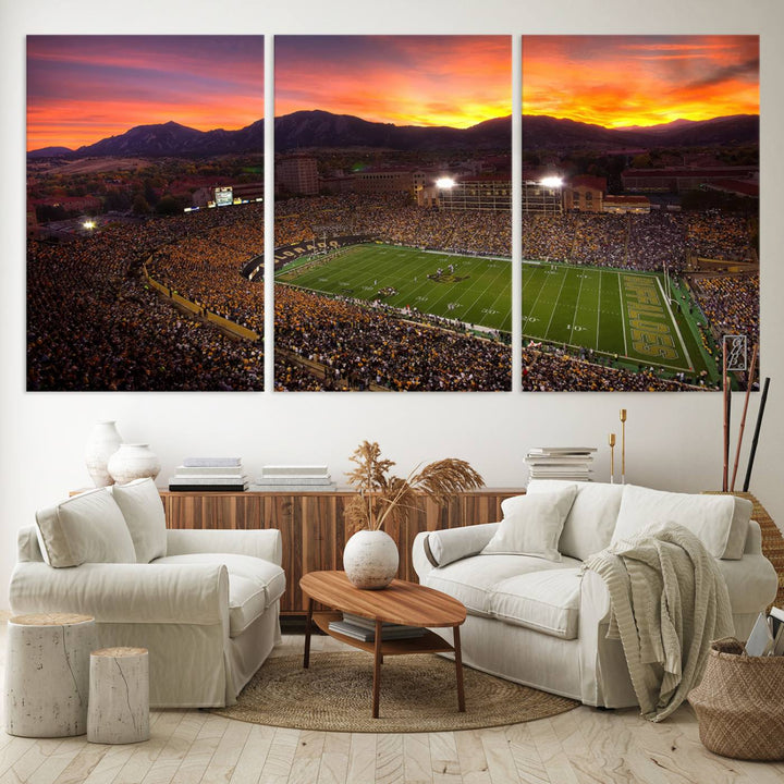 The living room showcases a lively wall art canvas print titled "Folsom Field - University of Colorado Buffaloes Football Stadium," capturing the essence of the University of Colorado.