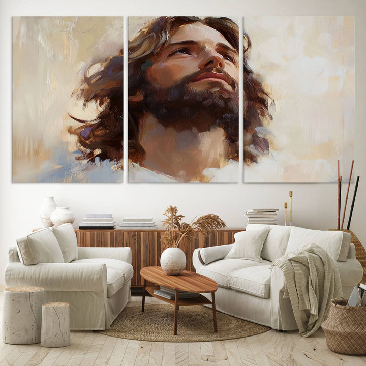 The "Jesus Christ Portrait Wall Art," a ready-to-hang and framed canvas print, features a bearded man with long hair looking upward, creating an inspirational spiritual atmosphere.