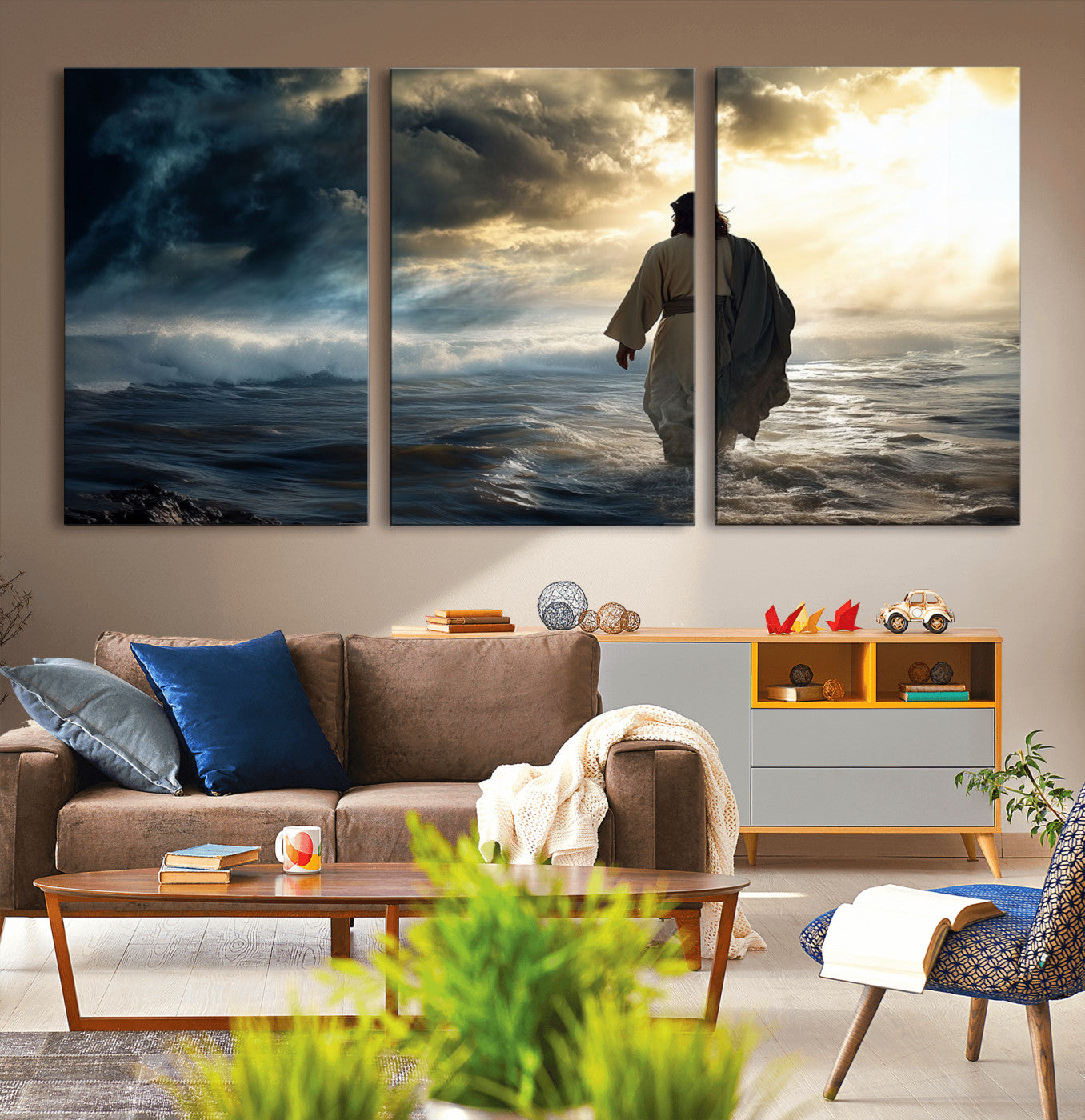 MGV-CV-60X30-3P - Jesus Walking on Water Wall Art | Canvas Print | Ready to Hang | Christian Home Decor | Spiritual